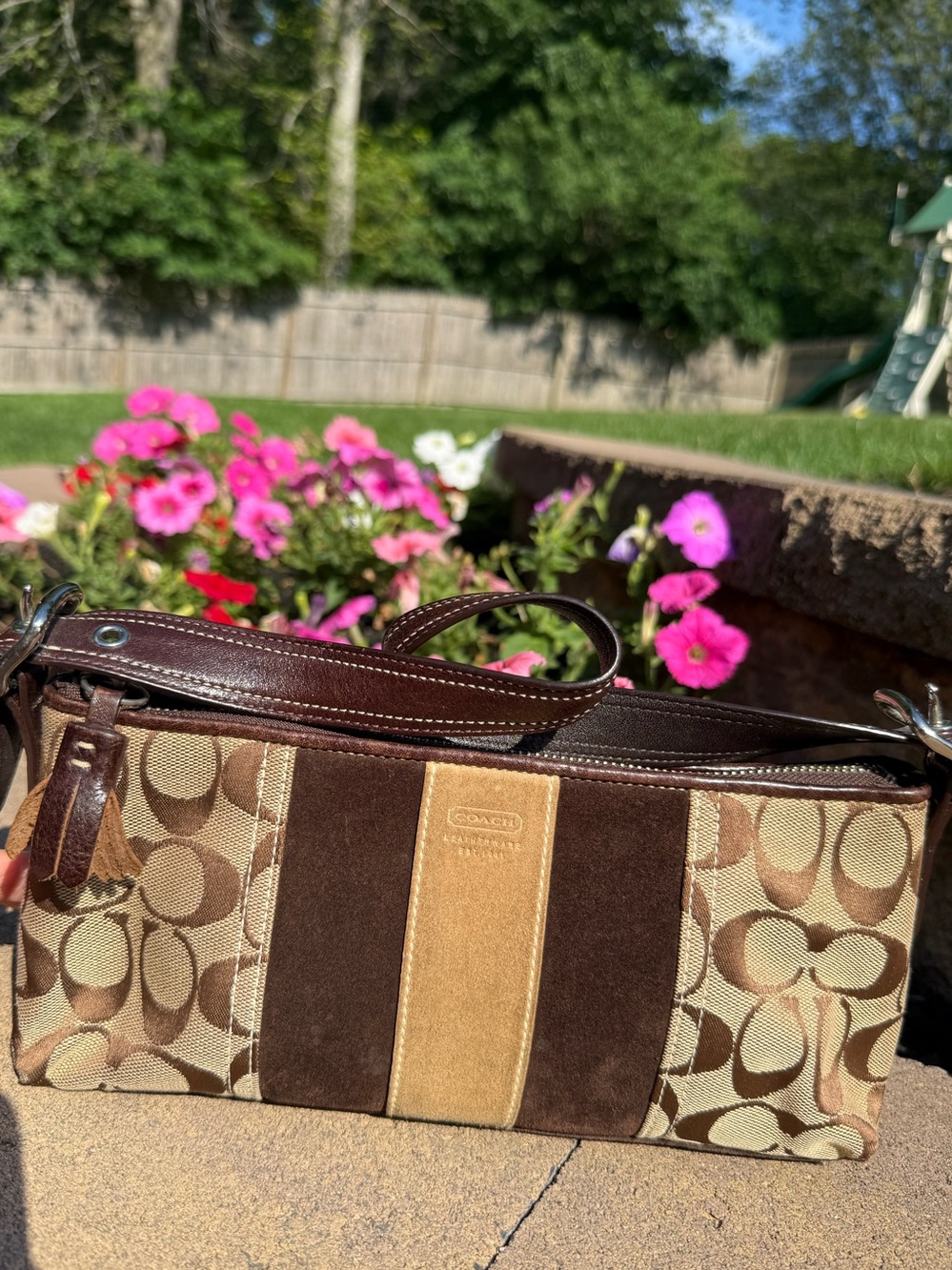 Coach Signature Canvas & Suede stripe demi baguette shoulder bag